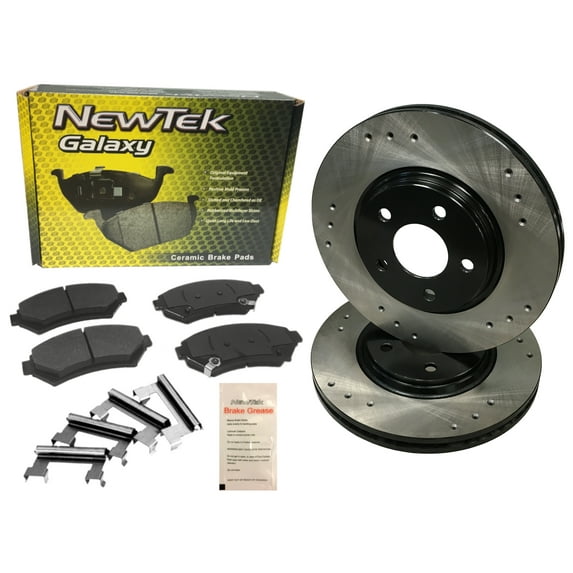 BK1404-1D Front Premium E-Coat Drilled Rotors and Ceramic Pads and Hardware Set Kit