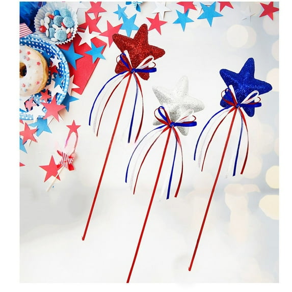 BKBP 3 Pcs 4th of July Glitter Puffy Star Picks Foam Sparkly Sticks for Americana Independence Day Party Crafts Supplies Decorations, Memorial Day Patriotic Decor (Red White Blue)