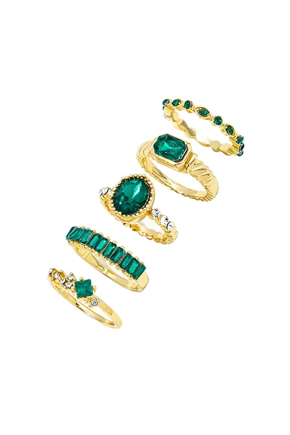 5 Piece Set Of the Same Imitation Emerald Geometric Diamond Ring By Ins Internet Celebrities Exquisite Simulation Green Gemstone Full Personality Retro Trend Christmas Birthday Gift Minimalist