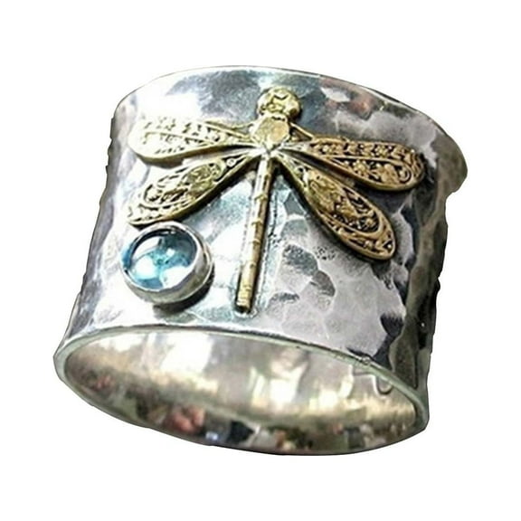 BKBP Luxurious Vintage Aquamarine Dragonfly Ring Christmas Aquamarine Women's Anniversary Ring Retro Gift Rings Minimalist Thumb Finger Rings Great Gift for Her