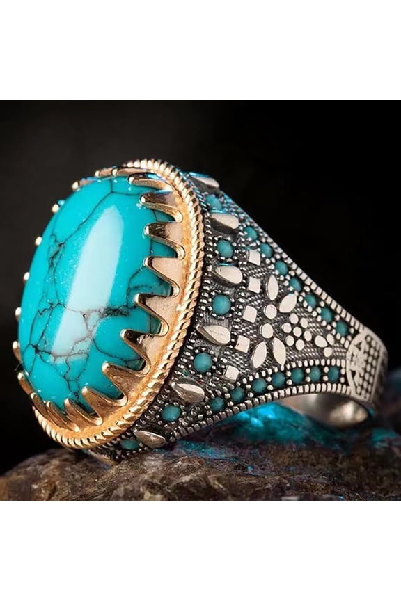 Vintage Alloy Inlaid Turquoise Ring Rings Men Statement Inlay Engagement Resin and Gift Jewelry Fashion Ladies Rings Elegant Adjustable Minimalist Thumb Finger Rings Great Gift for Her