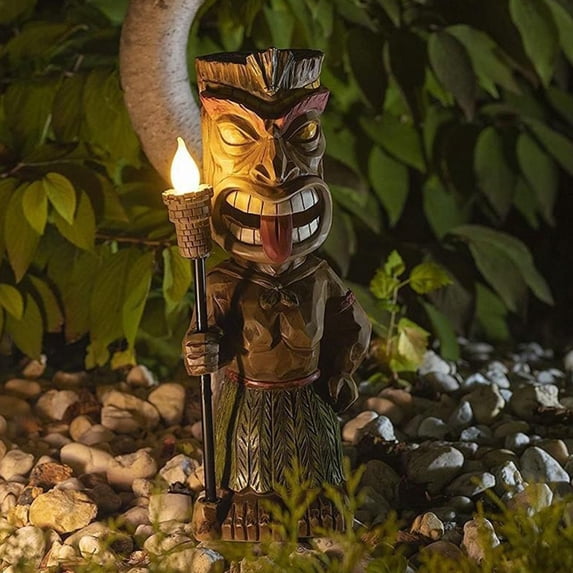 BKER 5.7" Tall Solar Torch Tiki Garden Statue, Resin Large Tiki Decor Figurine with Solar Lights, Hawaiian Tiki Man, Outdoor Patio Yard Lawn Bar Party Beach Pool Pond Decoration