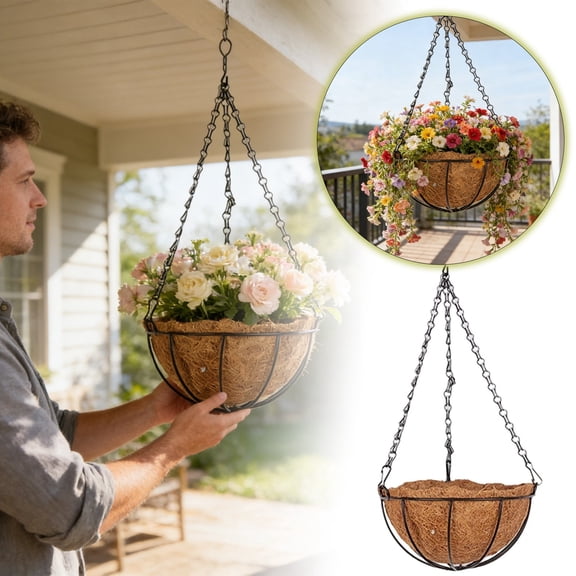 BKER 5 Inch Metal Hanging Baskets for Outdoor,Wire Round Planters with Coco Coir Liner,Hanging Flower Baskets for Home Garden Porch Balcony Railings Decor