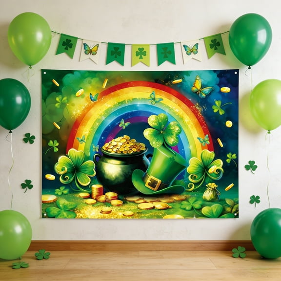 BKER 7 X 5 FT St. Patrick’s Day Decorations – Extra Large Rainbow Of Gold Theme Wall Hanging Photo Background Booth Prop For Indoor Outdoor Party Decor