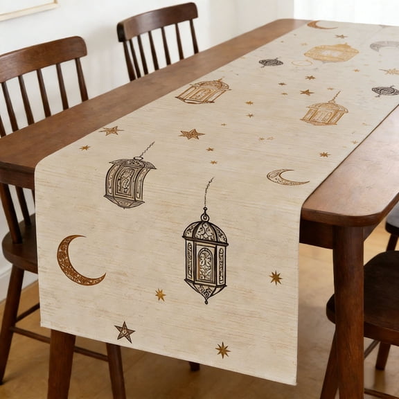 BKER Lantern Stars and Moons Ramadan Mubarak Tablecloth Rectangle Table Cloth Table Covers for Indoor Dining Home Party Decorations 33x200cm