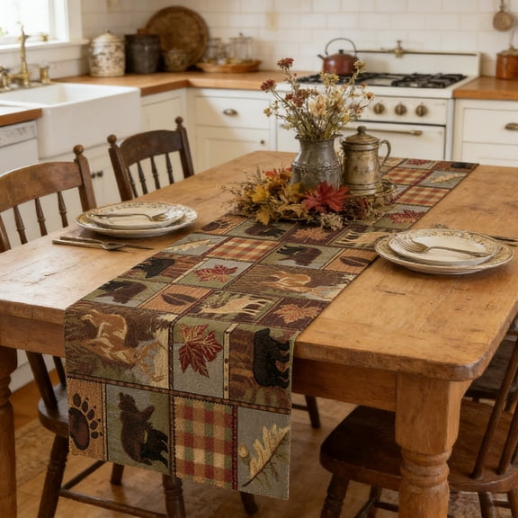 BKER Rustic Moose Deer Bear Table Runner, Retro Vintage Bear Cottage Country Style Cabin Farmhouse Dinner Runner for Home Kitchen Dining Table Decoration 13"x91"