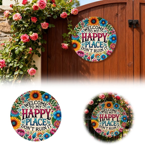 BKER Welcome To My Happy Place Customizable Door Hanger Sign,30cm For Indoor Outdoor Wall With Inspirational Greeting Message
