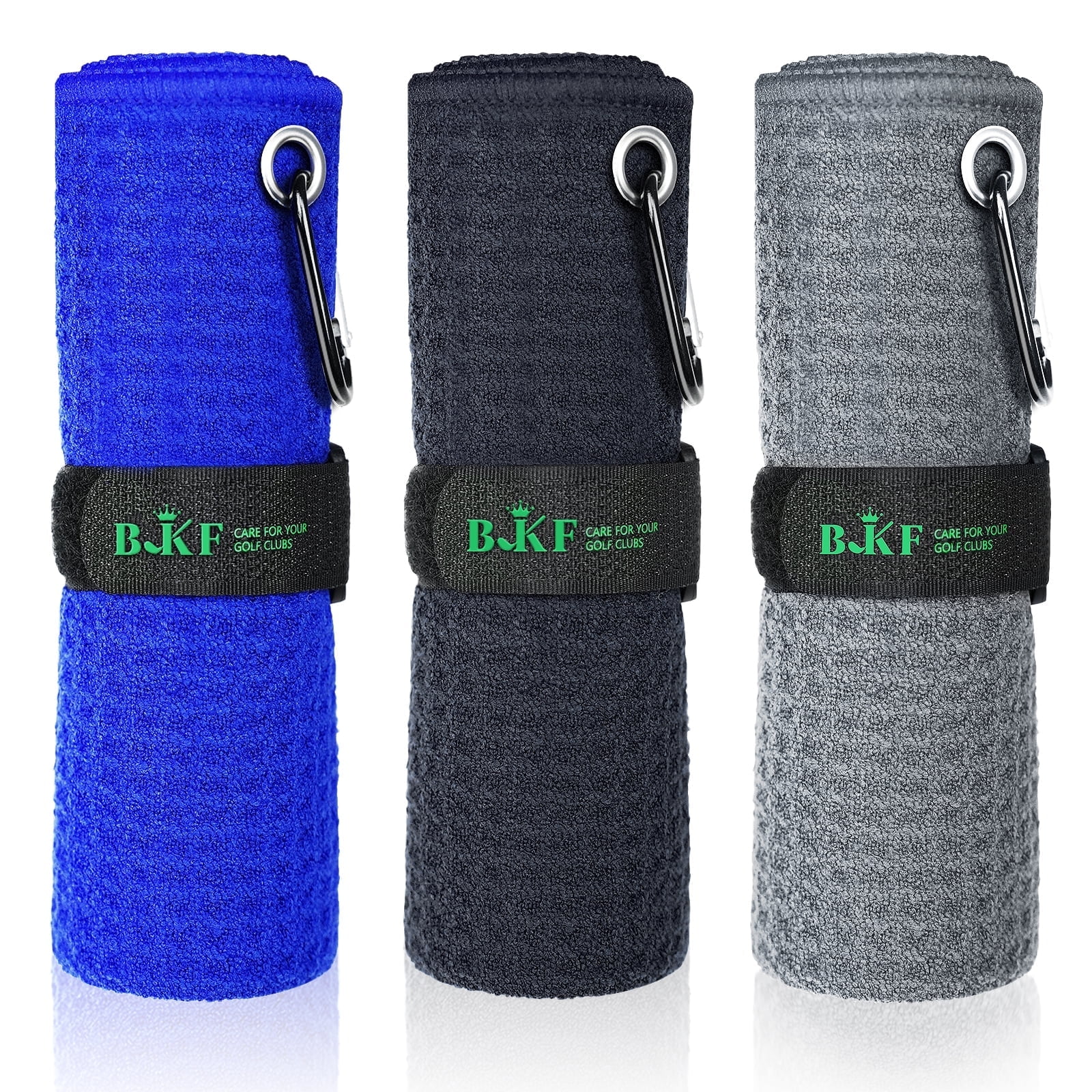 Set de 3 Toallas de Golf Premium BKF para Bolsas de Golf (16x16) con Clip de Mosquetón, Toalla de Golf con Patrón de Gofre y Cierre de Bucle, Accesorios de Golf (Negro)