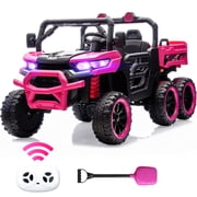 BKIRNP 24V 2 Seater Kids Ride on Car Truck,Ride on UTV W/,24 Volt Ride on Toys W/ Dump Bed/Shovel, LED Light, Music, Remote Control,6 Wheels Ride On Toys for Boys Girls Pink