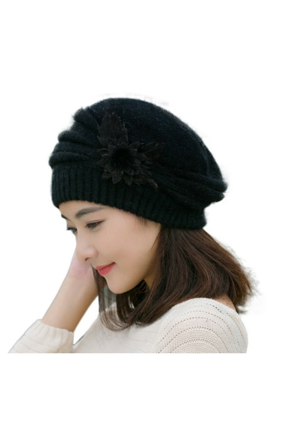 Beret Hats for Women Wool Beret Hats for Women Winter Hat Flower Knit Crochet Hat Winter Warm Cap Beret Black One Size