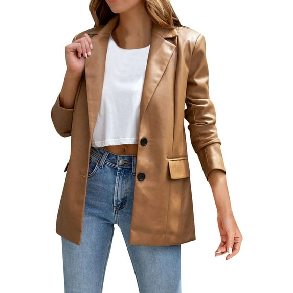 BKQCNKM Blazers for Women Womens Blazer Women's Warm Faux Leather Biker Jacket Zip Outer Jacket Lapel Short Jacket Wool Winter Top Leather Small Winter Coats for Women, Brown L