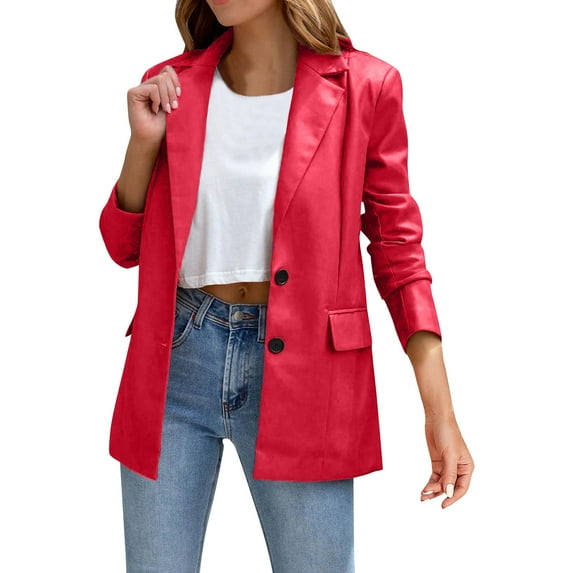 BKQCNKM Blazers for Women Womens Blazer Women's Warm Faux Leather Biker Jacket Zip Outer Jacket Lapel Short Jacket Wool Winter Top Leather Small Winter Coats for Women, Red XXL