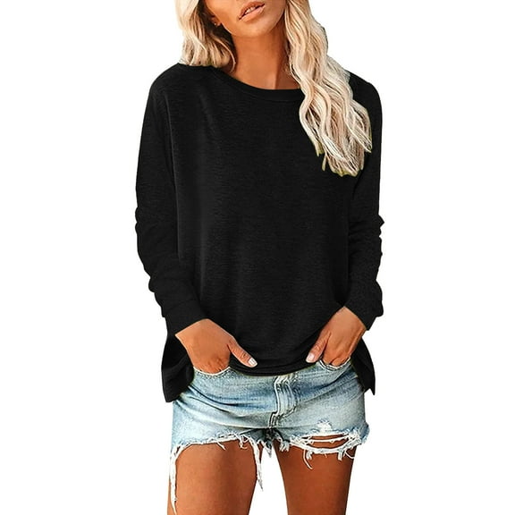 BKQCNKM Blouses for Women Dressy Casual Womens Blouses for Women Long Sleeve Shirts for Women Long Sleeve Crewneck Solid Color Shirts for Women, Black L