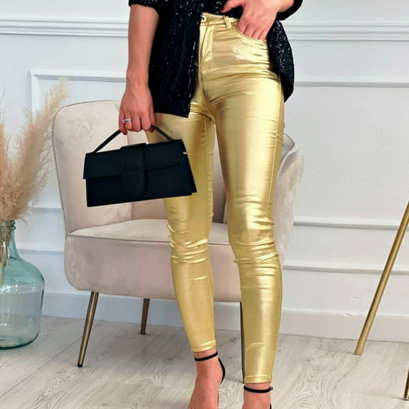 BKQCNKM Cargo Pants Women Women'S Mid Waist Faux Leather Leggings Stretch Leather Pleather Pants Workout Sets For Women Womens Pants Gold L