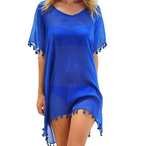 BKQCNKM Cover Up for Beach,swim Suits for Women 2024,women's Solid Round Neck Chiffon Tassel Large Loose Beach Cover Chiffon Plus Size Swimsuit for Women,swim Cover Up for Women Dark Blue One Size