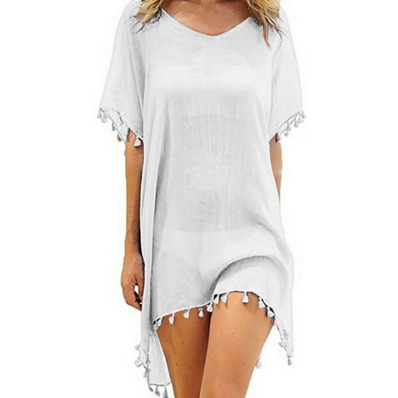 BKQCNKM Cover Up for Beach,swim Suits for Women 2024,women's Solid Round Neck Chiffon Tassel Large Loose Beach Cover Chiffon Plus Size Swimsuit for Women,swim Cover Up for Women White One Size