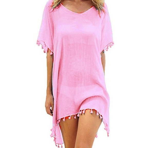 BKQCNKM Cover Up for Beach,swim Suits for Women 2024,women's Solid Round Neck Chiffon Tassel Large Loose Beach Cover Chiffon Plus Size Swimsuit for Women,swim Cover Up for Women Pink One Size