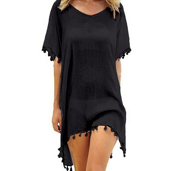 BKQCNKM Cover Up for Beach,swim Suits for Women 2024,women's Solid Round Neck Chiffon Tassel Large Loose Beach Cover Chiffon Plus Size Swimsuit for Women,swim Cover Up for Women Black One Size
