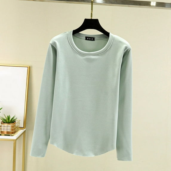 BKQCNKM Crewneck Sweatshirts Women Autumn And Winter Casual Solid Color Round Neck Thickened Warm Top Workout Shirts Women Long Sleeve Tops Green 2 L