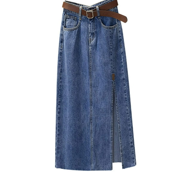 BKQCNKM Denim Skirt Skirts for Women Midi Skirts for Women's Embroidery High Waisted Mid Length Spring and Summer Slimming Slit Bag Hip Denim Skirt Blue Skirt, Blue L