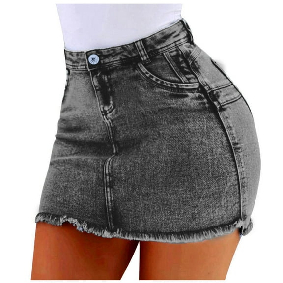BKQCNKM Denim Skirt Skirts for Women Mini Skirt Wash Female Short Skirts Summer Women Denim Fashion Pockets Jeans Skirt , Gray L