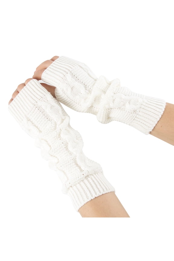 Fingerless Gloves for Women Fingerless Gloves Winter Warm Women's Long Cable Knit Acrylic Gloves Arm Warmers Fingerless Gloves Thumb Hole Gloves for Cold Weather, White One Size