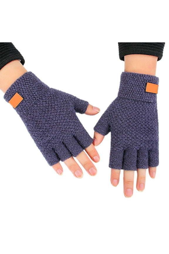 Gloves for Cold Weather Winter Gloves Half Finger Warm Knit Gloves for Adult Thickened Open Finger Outdoor Jacquard Gloves for Cycling Winter Gloves Women, Navy One Size