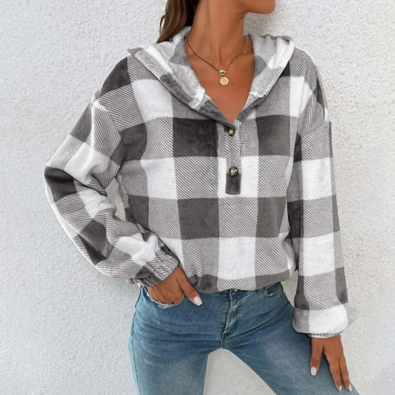 BKQCNKM Hoodies For Women Gingham Half Button Drop Shoulder Hoodie Womens Casual Plaid Shacket Button Down Long Sleeve Sweatshirt Sweatshirt For Women Fall Clothes For Women 2023 Grey S