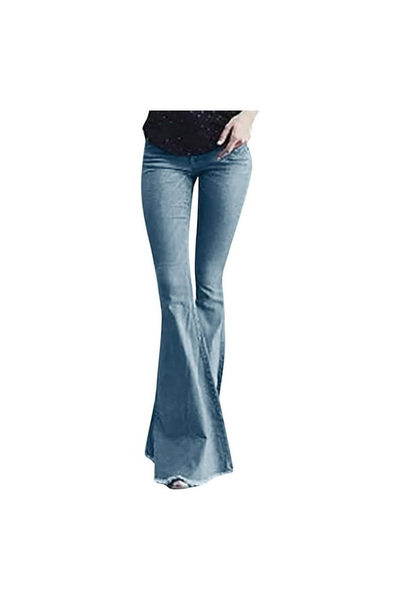 Jeans For Women Women'S Pants Women Flare Mid Waisted Denim Jeans Pocket Stretch Slim Tassel Pants Jeans Sweatpants Women Blue L