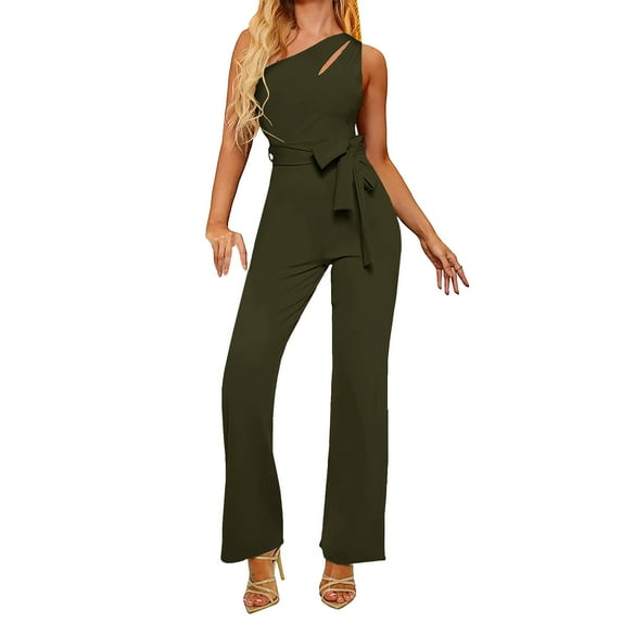 BKQCNKM Jumpsuits For Women Women'S Solid Color One Shoulder Asymmetrical Sleeveless Hollow Jumpsuit Rompers For Women Women'S Pants Army Green XL