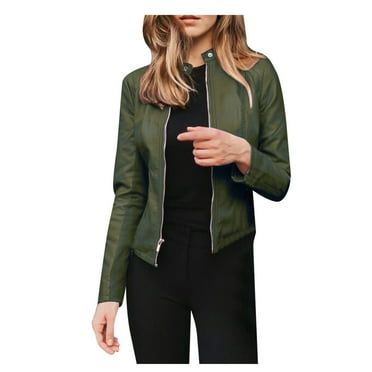 BKQCNKM Leather Jacket Women Winter Jackets for Women Biker Ladies Jacket Coat Punk Tops Motor Cropped Short Lapel Zip Women's Coat Ski Jacket Women, Army Green L
