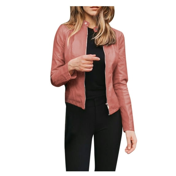 BKQCNKM Leather Jacket Women Winter Jackets for Women Biker Ladies Jacket Coat Punk Tops Motor Cropped Short Lapel Zip Women's Coat Ski Jacket Women, Pink S