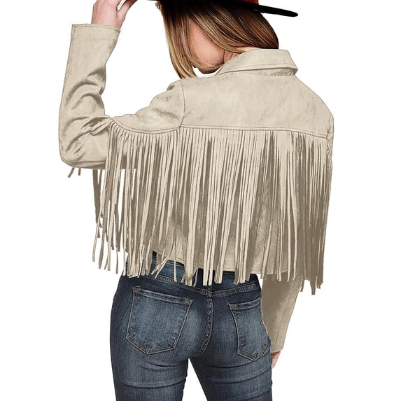 BKQCNKM Leather Jacket Women Winter Jackets for Women Ladies Fashion Solid Color Fringe Faux Suede Leather Jacket Fashion Fringe Motorcycle Cropped Jacket Ski Jacket Women, Beige L