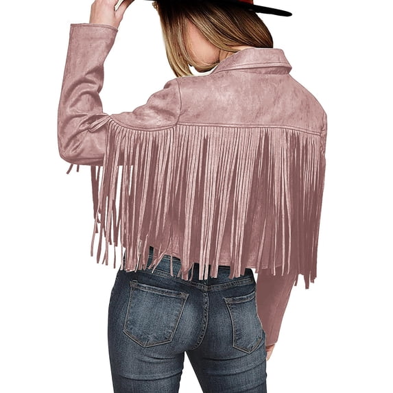 BKQCNKM Leather Jacket Women Winter Jackets for Women Ladies Fashion Solid Color Fringe Faux Suede Leather Jacket Fashion Fringe Motorcycle Cropped Jacket Ski Jacket Women, Pink L