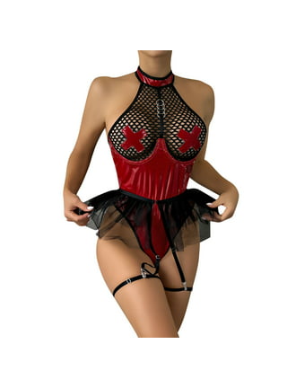 Red Bondage Lingerie Underwear With Chain Ring Linked Erotic Costumes  Fetish Sissy Teddy 4-Piece Suit