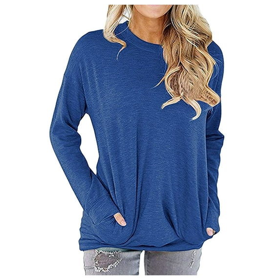 BKQCNKM Long Sleeve Shirts For Women Shirts For Women Loose-Fit Crew Neck Long Sleeve Pull On Solid Color Christmas Shirts For Women Blouse (Women) Blue L