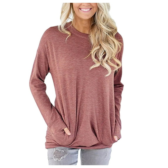 BKQCNKM Long Sleeve Shirts For Women Shirts For Women Loose-Fit Crew Neck Long Sleeve Pull On Solid Color Christmas Shirts For Women Blouse (Women) Hot Pink XXL