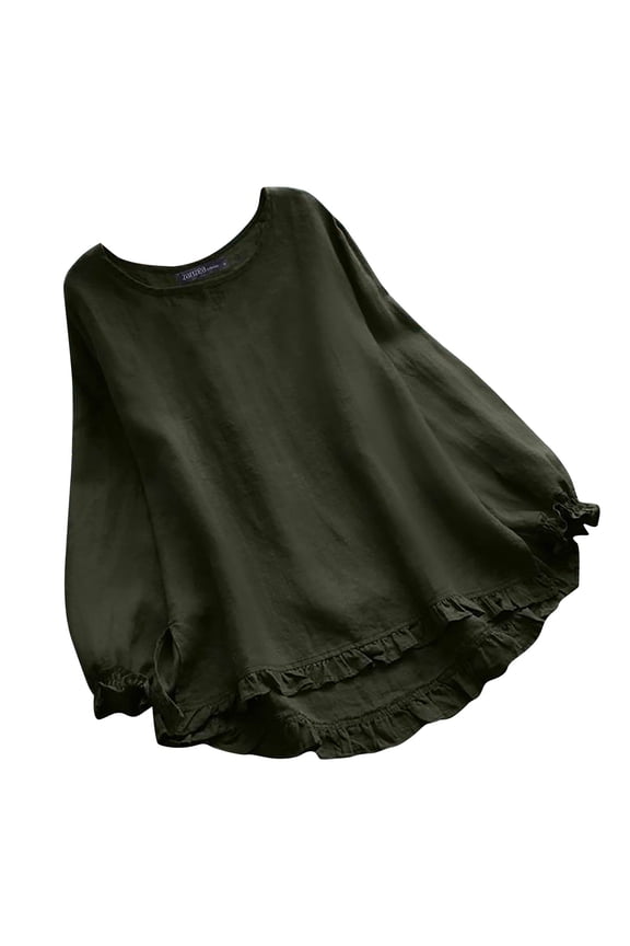 Long Sleeve Shirts For Women Ladies Summer Solid Loose Ruffle Bottom Cuffs Crew Neck Long Sleeve Shirt Womens Blouses Fall Clothes For Women 2023 Army Green S