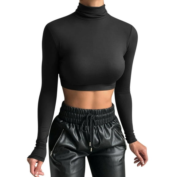 BKQCNKM Long Sleeve Shirts For Women Women Long Sleeve Top Blouse Crop Top Turtleneck Basi-C Cropped Tops Shirt Slim Top Crop Tops For Women Fall Clothes For Women 2023 Black L