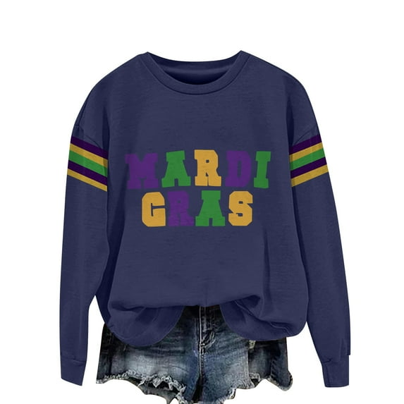 BKQCNKM Mardi Gras Shirts for Women Mardi Gras Outfit for Women Long Sleeve Shirts for Women Print Hoodless Sweatshirt Holiday Shirts for Women Navy XL
