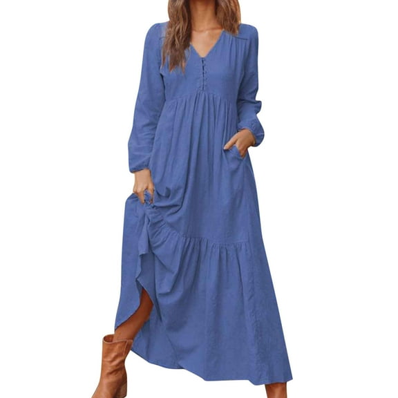 BKQCNKM Maxi Dress Fall Dresses Autumn Womens Button Cotton Retro Casual Long Sleeve Dress Women Dresses Dark blue Dress L