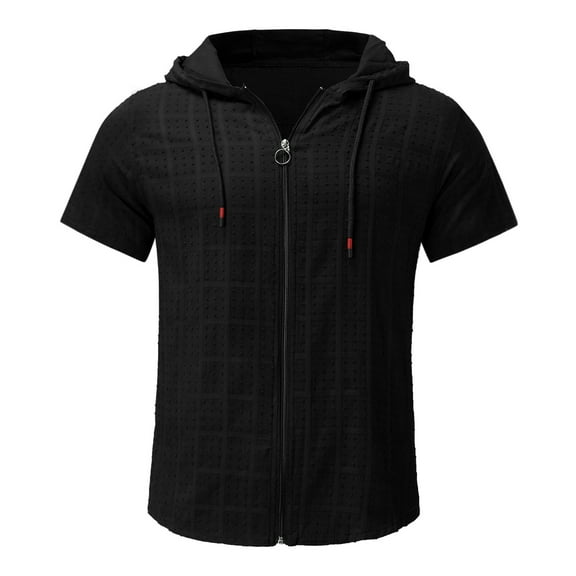 BKQCNKM Men'S Dress Shirts Men'S Casual Short Sleeve Zipper Hoodies Blouse Solid Drawstring Tops T-Shirt Shirts For Men Summer Tops Black 3XL