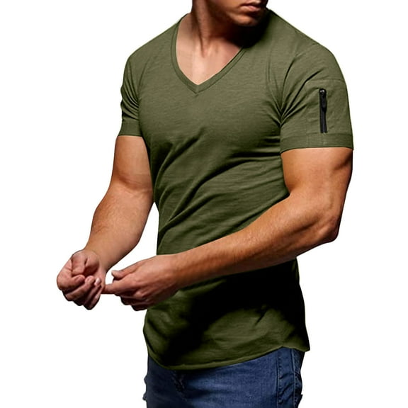 BKQCNKM Mens Shirts for Men Mens Summer Fashion Casual Solid Color Zipper Pocket T Shirt Short Sleeve Shirt Top Blouse Mens T Shirt, Army Green L