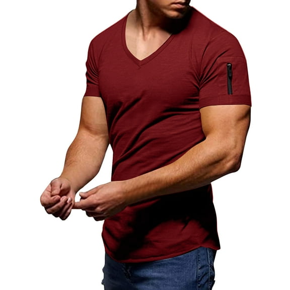 BKQCNKM Mens Shirts for Men Mens Summer Fashion Casual Solid Color Zipper Pocket T Shirt Short Sleeve Shirt Top Blouse Mens T Shirt, Wine L