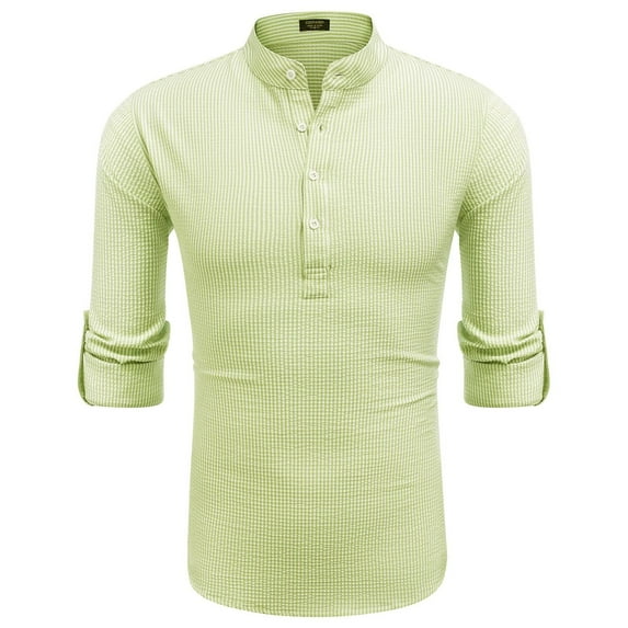 BKQCNKM Mens Shirts for Men's Casual Shirts Band Collar Long Sleeve Beach Hippie T Shirts Fashion Striped Shirts Mens T Shirt, Green 5XL