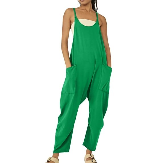 BKQCNKM Overalls for Women Womens Overalls Womens Loose Casual Sleeveless Spaghetti Strap Jumpsuits Stretchy Wide Leg Rompers with Two Pockets Jumpsuits for Women, Green 3XL
