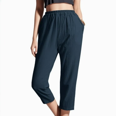 BKQCNKM Pants For Women Women'S Solid Color Elastic Waist Stitching Straight High Waist Cropped Casual Pants Cargo Pants Women Sweatpants Women Navy M