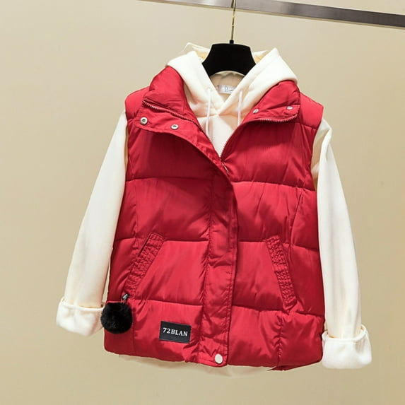 BKQCNKM Puffer Vest Women Vests for Women 2024 Winter Cotton Vest Women Hairball Short Korean Down Cotton Vest Zipper Casual Women Jacket Cropped Puffer Vest, Red S
