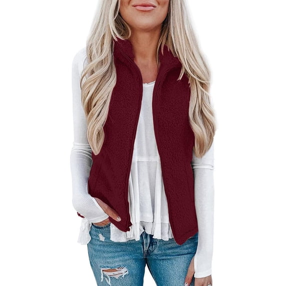 BKQCNKM Puffer Vest Women Vests for Women 2024 Women's Solid Color Fashion Casual Sleeveless Pocket Zipper Coat Cropped Puffer Vest, Wine 5XL