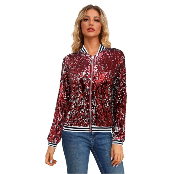 BKQCNKM Sequin Jacket Sparkly Jackets for Women Sequin Outfits Womens Spring and Autumn Long Sleeve Sequined Long Sleeve Cardigan Jacket Top Mardi Gras Outfit for Women Red M